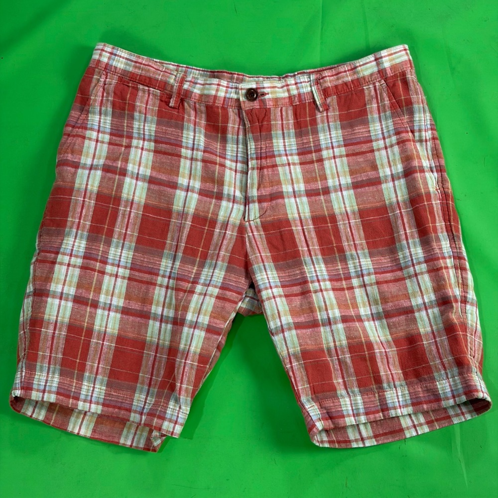 Lands End Plaid Linen/Cotton Shorts Mens 36 Red Flat Front Casual Summer Lined